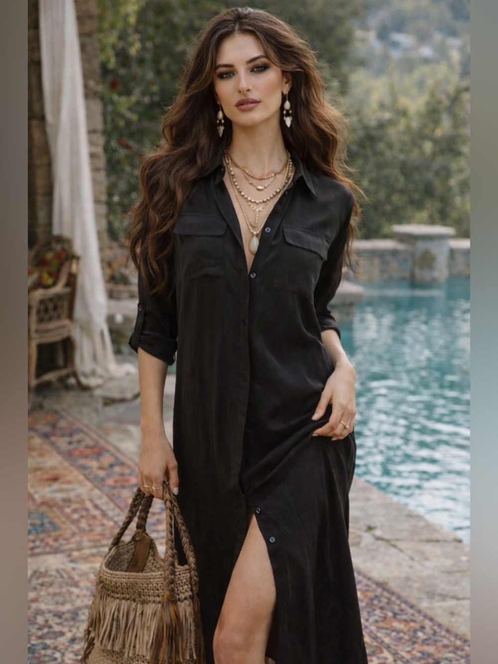 Equipment Black 100% Silk Midi Shirt Dress Button Front Luxe Extra Small NWOT